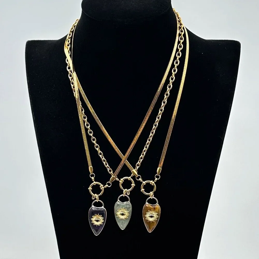 Aventurine Gemstone Heart Evil Eye Pendant Necklace 18K Gold Plated Chain 19" - Picture 6 of 9